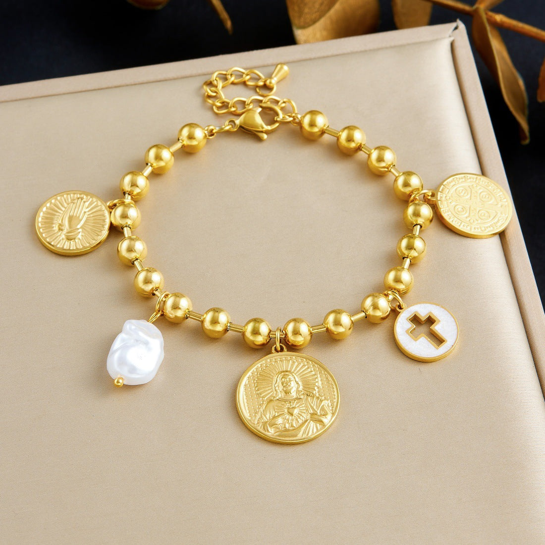 Vintage Gold Plated Stainless Steel Round Cross Relief Portrait Shell Pearl Necklace and Bracelet Set with Ball Chain