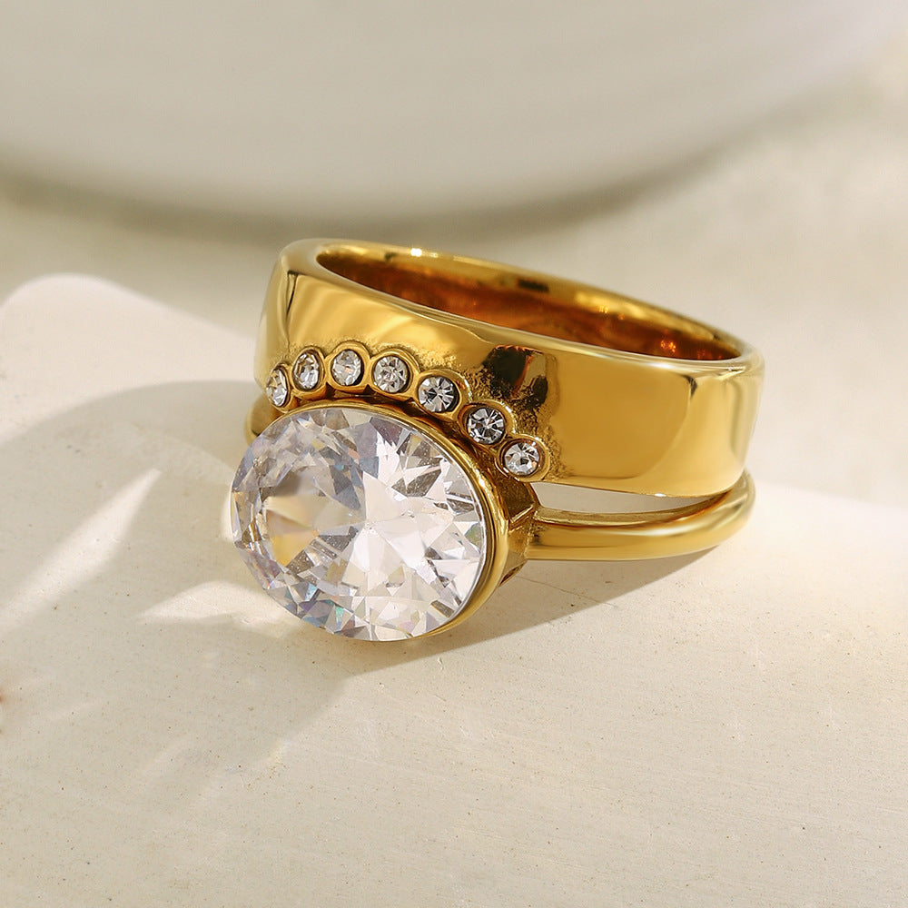 Minimalist Geometric Stainless Steel Plated 18K Gold Double Oval Zirconia Stackable Ring for Women
