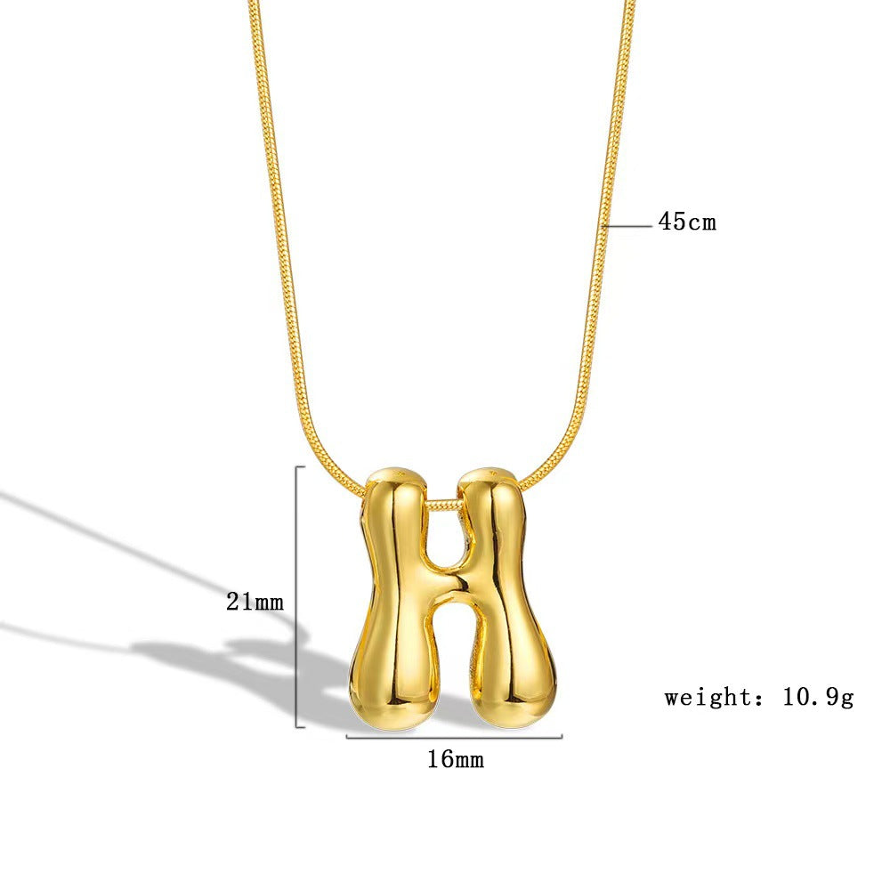 Luxury Balloon Bubble-Shaped Letter Necklace in Titanium Steel with Gold Plating, Snake Chain, Unisex Alphabet Pendant Jewelry