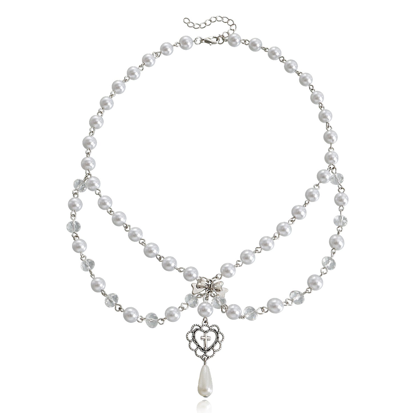 Minimalist Double-Layer Heart Cross Pendant Necklace for Women with Alloy Construction and Electroplated Finish