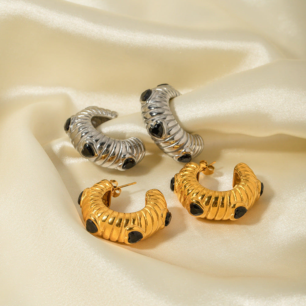Geometric Black Zircon Snake Chain Earrings in Stainless Steel with Rhinestone Inlay and Matte Bread Texture Finish for Women