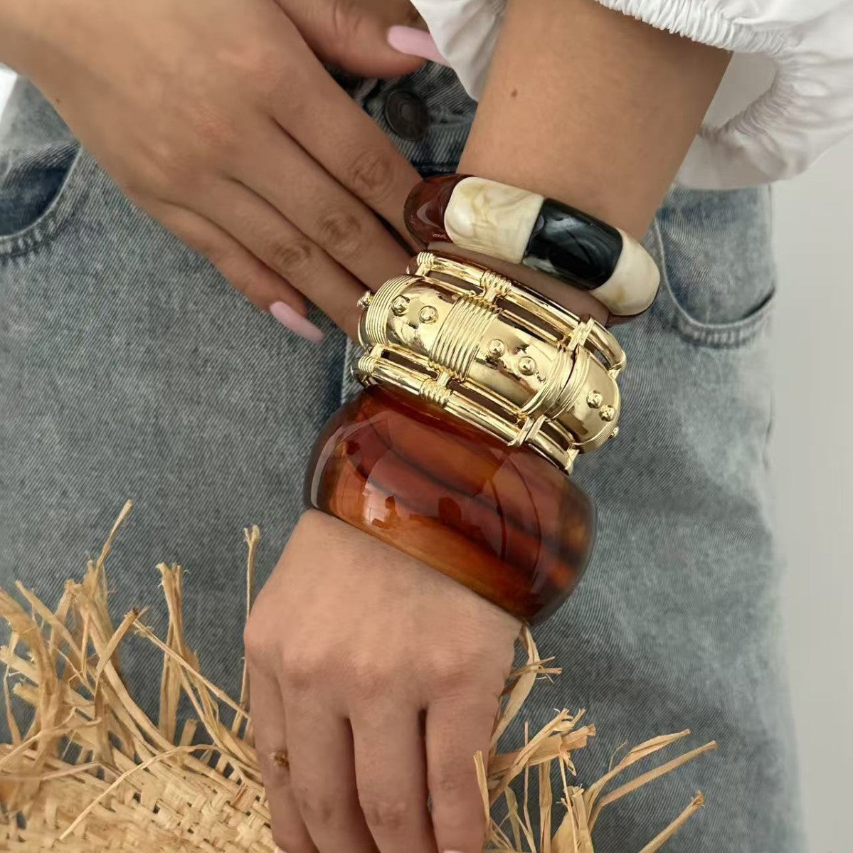 Irregular Geometric Resin Gold Plated Wide Cuff Bracelet