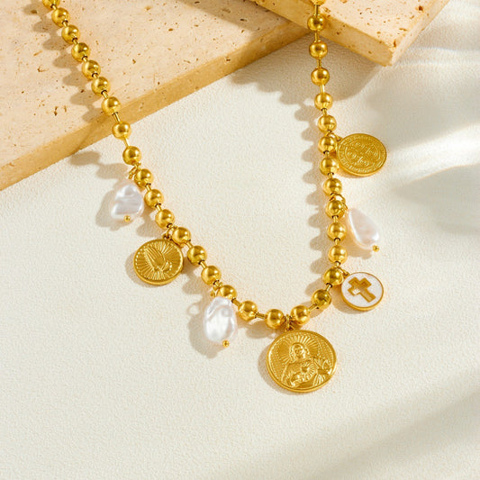 Vintage Gold Plated Stainless Steel Round Cross Relief Portrait Shell Pearl Necklace and Bracelet Set with Ball Chain