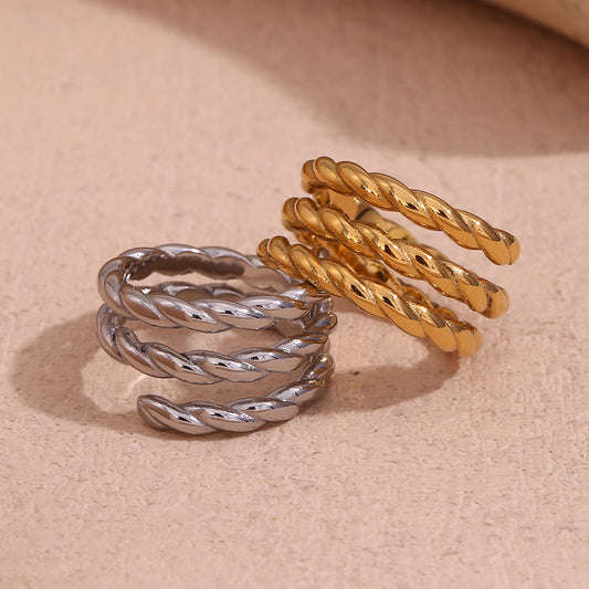 Minimalist Geometric Triple Twisted Spiral Open Ring in Stainless Steel with 18K Gold Plating for Women