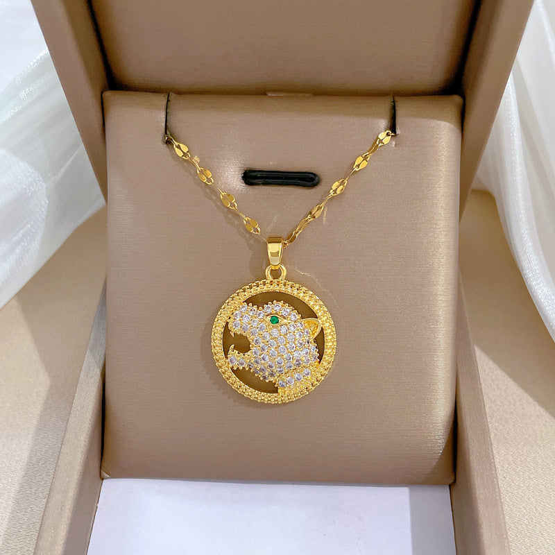 Four-Leaf Clover Rhinestone Pendant Necklace for Women Titanium Steel Irregular Chain Shell Locket Floral Style