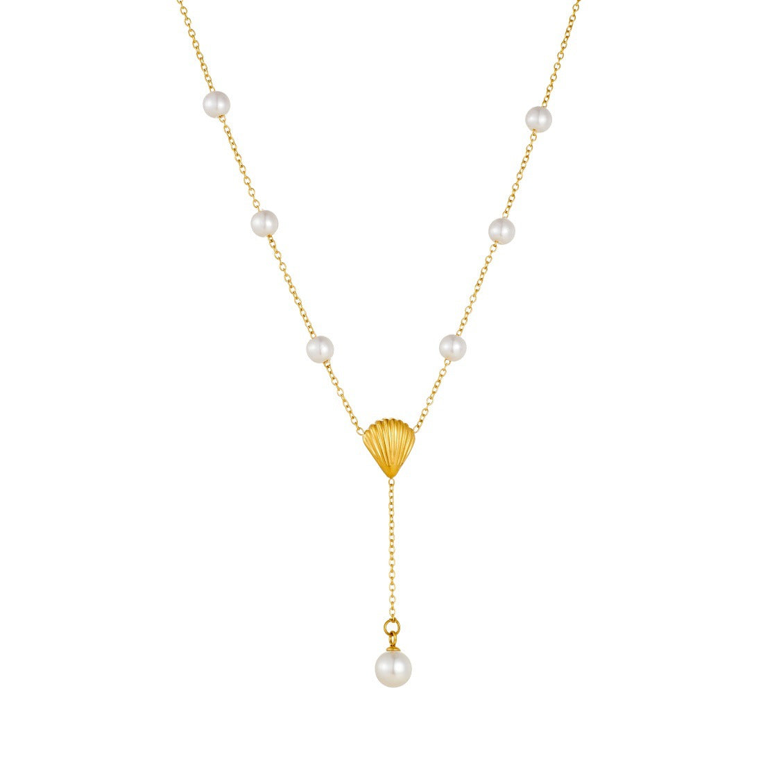 Elegant Gold Plated Stainless Steel Y-Chain Necklace with Seashell Pendant and Pearl Accent for Women