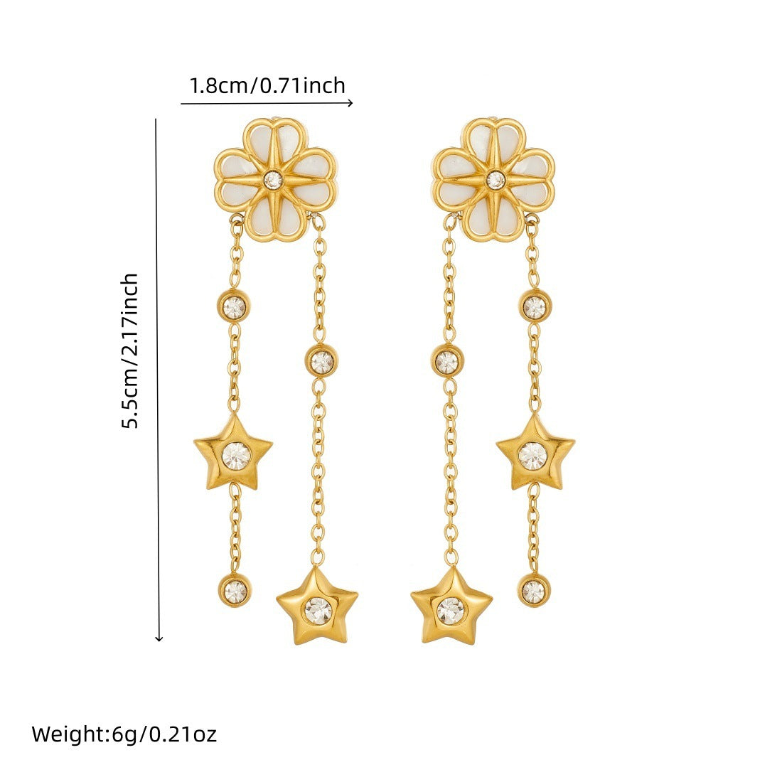 Vintage Gold Plated Stainless Steel Star and Floral Earrings with Rhinestone and Shell Inlay