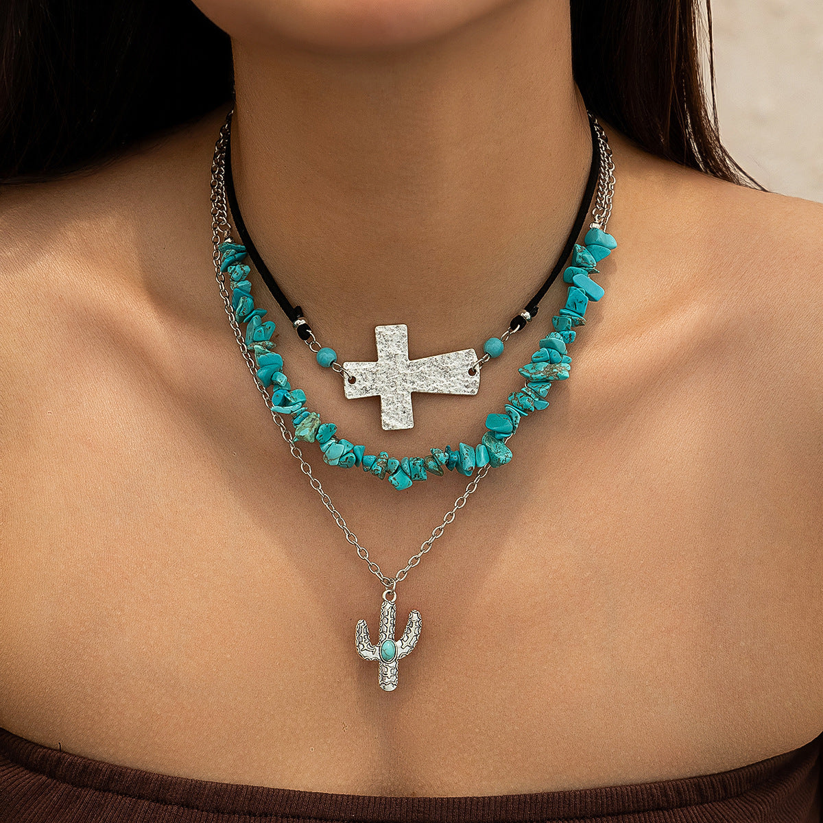 Bohemian Geometric Zinc Alloy Plated Ball Chain Necklace with Tassel and Cactus Pendant for Women