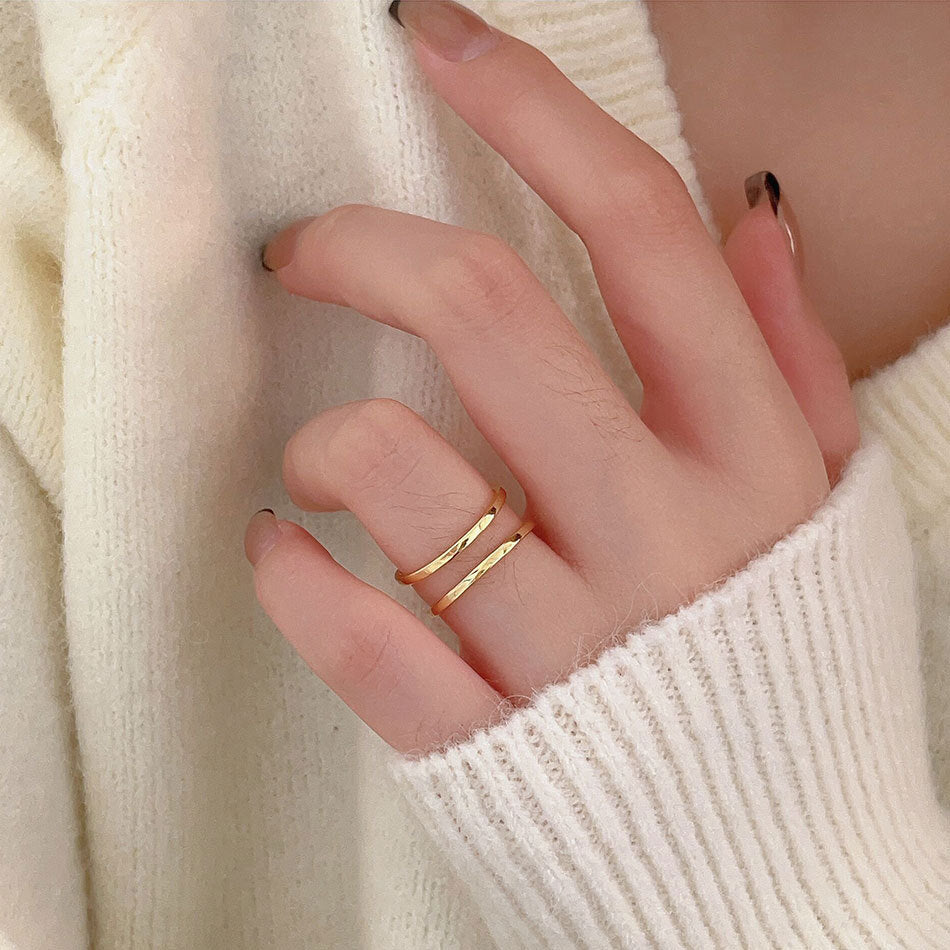 Minimalist Heart-Shaped 925 Sterling Silver Double-Layer Ring with Beveled Square Grain Detail for Women