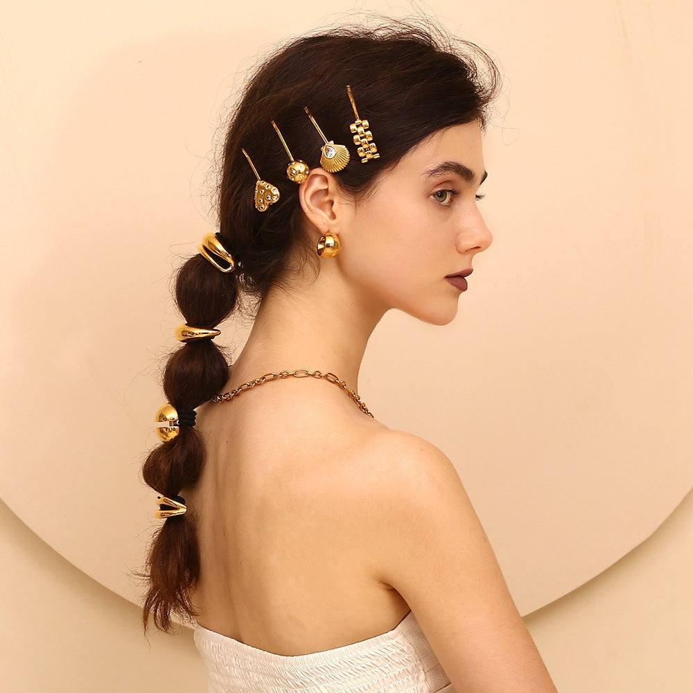 Fermaglio per capelli da donna stile vintage a forma di conchiglia in acciaio inossidabile con placcatura in oro 18K e intarsio di zirconi