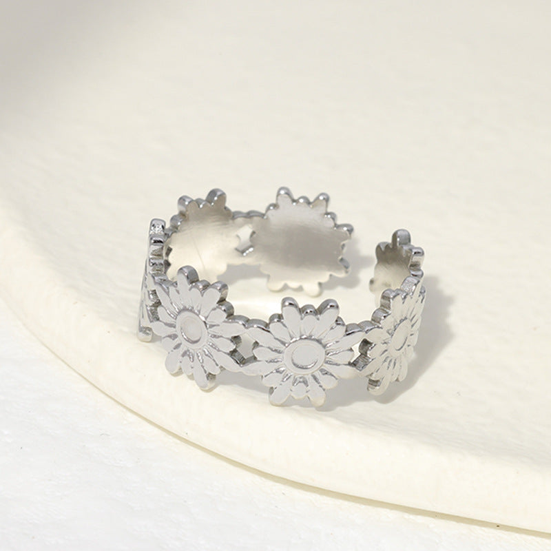 Minimalist 18K Gold Plated Stainless Steel Open Ring Floral Design Women Jewelry