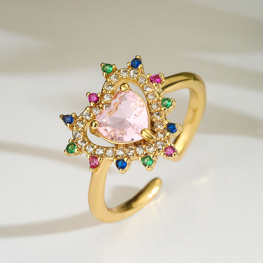 Elegante Anello a Cuore in Rame Placcato Oro 18K con Intarsio di Zirconi per Donne, Fascia Sottile Ispirata al Vintage