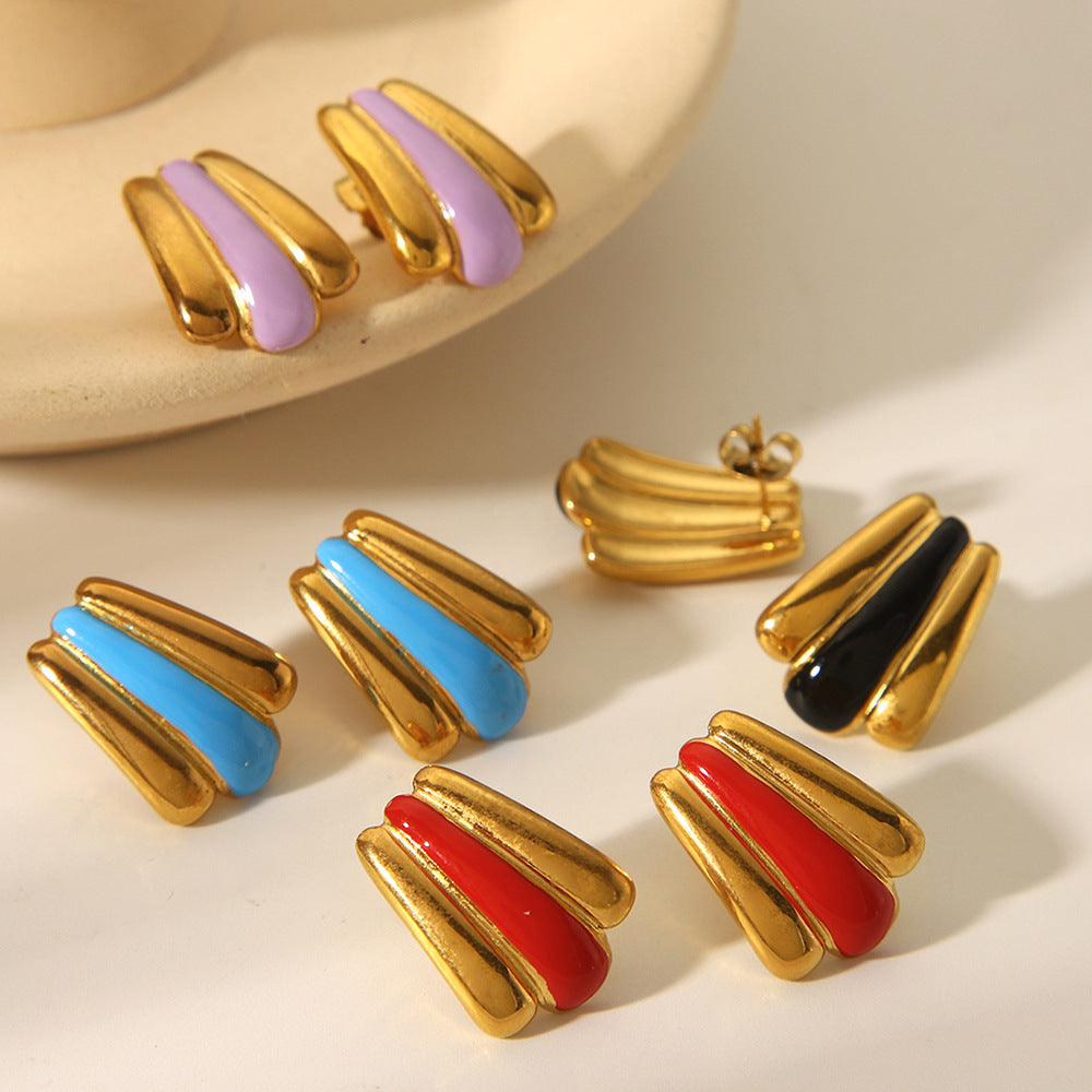 Geometric Fan-Shaped Enamel Stainless Steel Earrings with 18K Gold Plating for Women