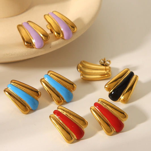 Geometric Fan-Shaped Enamel Stainless Steel Earrings with 18K Gold Plating for Women