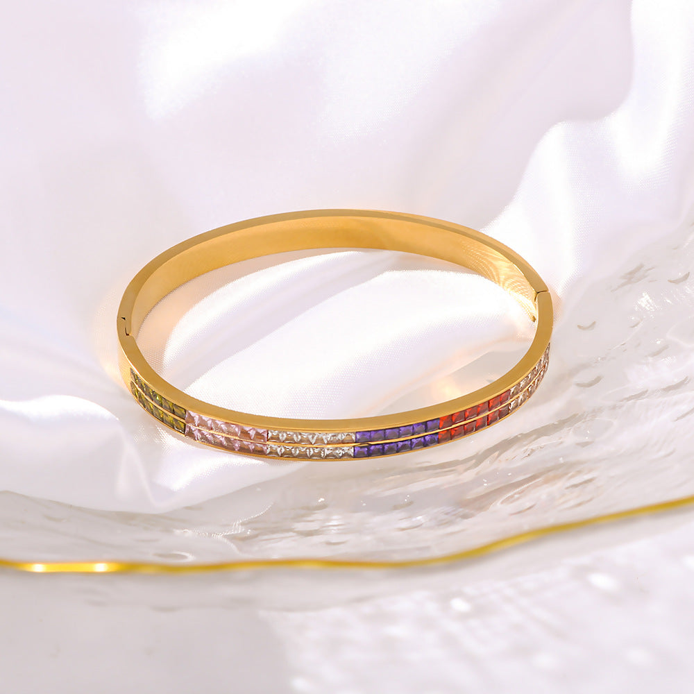Trendy Asymmetric Rainbow PVD Plated Stainless Steel Bracelet with Colorful Rhinestones 18K Gold