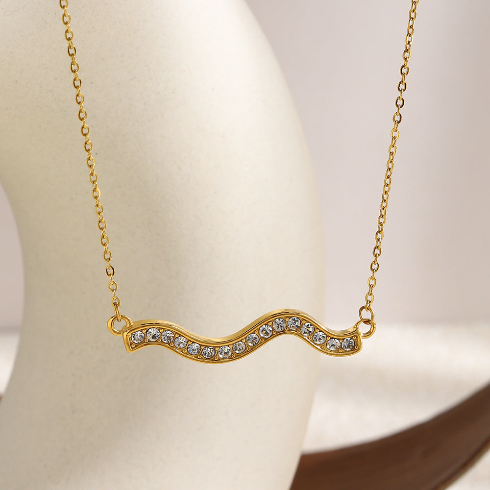 Casual Geometric Stainless Steel Gold Plated Rhinestone Wave Pendant Necklace for Women