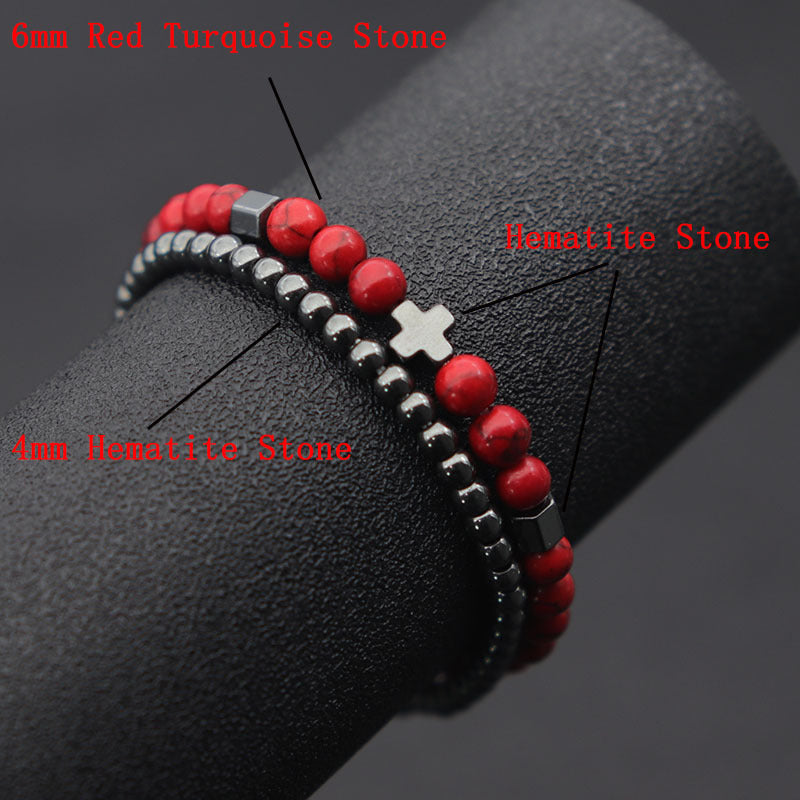Fashion Unisex Brass Beaded Bracelet Set with Hematite Cross, Natural Lava Stone and Tiger Eye Geometric Charms
