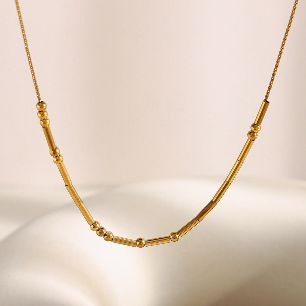 Minimalist Geometric Stainless Steel Pendant Necklace with 18K Gold Plated Beads and Round Tube Links