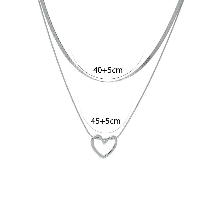 Minimalist Hollow Heart Pendant Necklace in Titanium Steel with Polished Finish for Layering, Snake Chain Style, Unisex Neck Jewelry