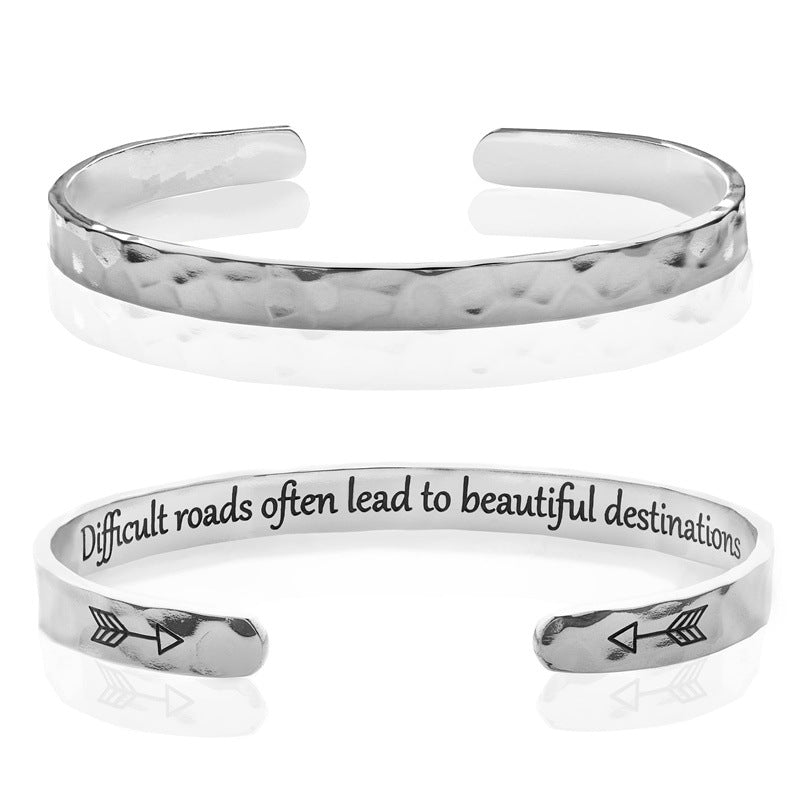Minimalist Stainless Steel Engraved Open Moon Surface Textured Hammered Bracelet