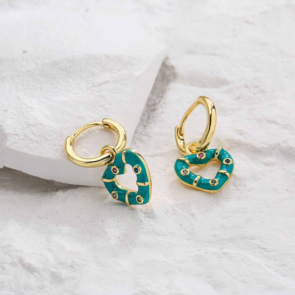 Bohemian Style Geometric Copper Earrings with Gold Plating and Enamel Heart Accent for Women