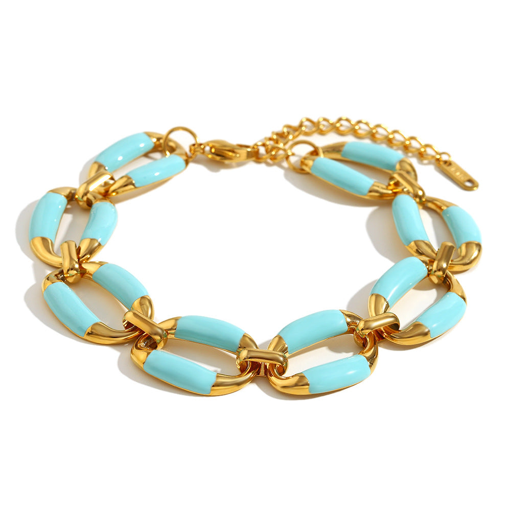 Fashion Geometric Stainless Steel Plated 18K Gold Enamel Handcrafted Necklace and Bracelet Set for Women
