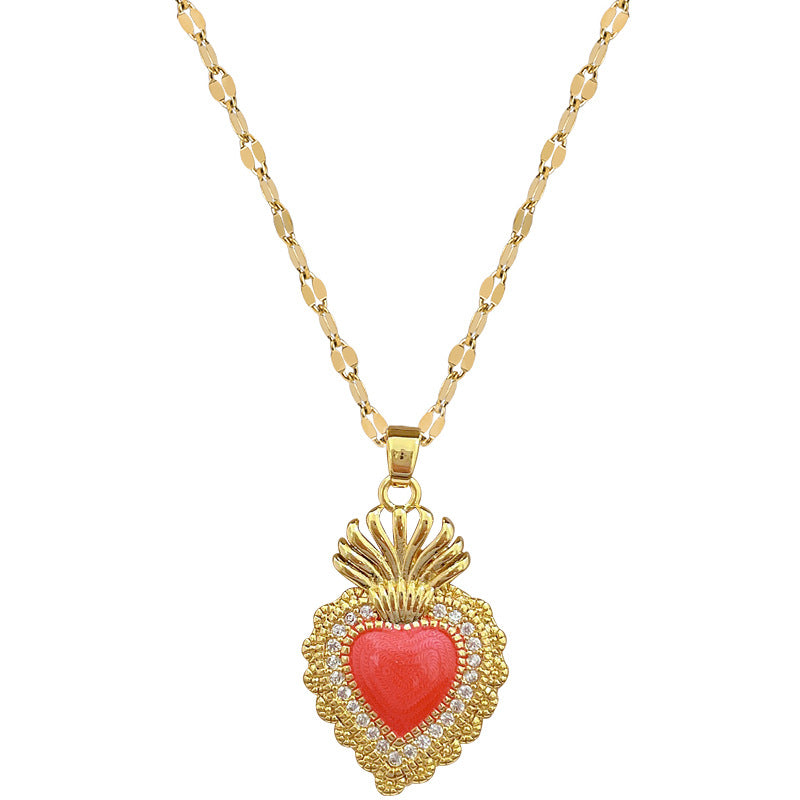 Vintage Crown Heart Shaped Stainless Steel Necklace with Moon Motif for Women and Men, Minimalist Clavicle Chain with Full Rhinestone Accents