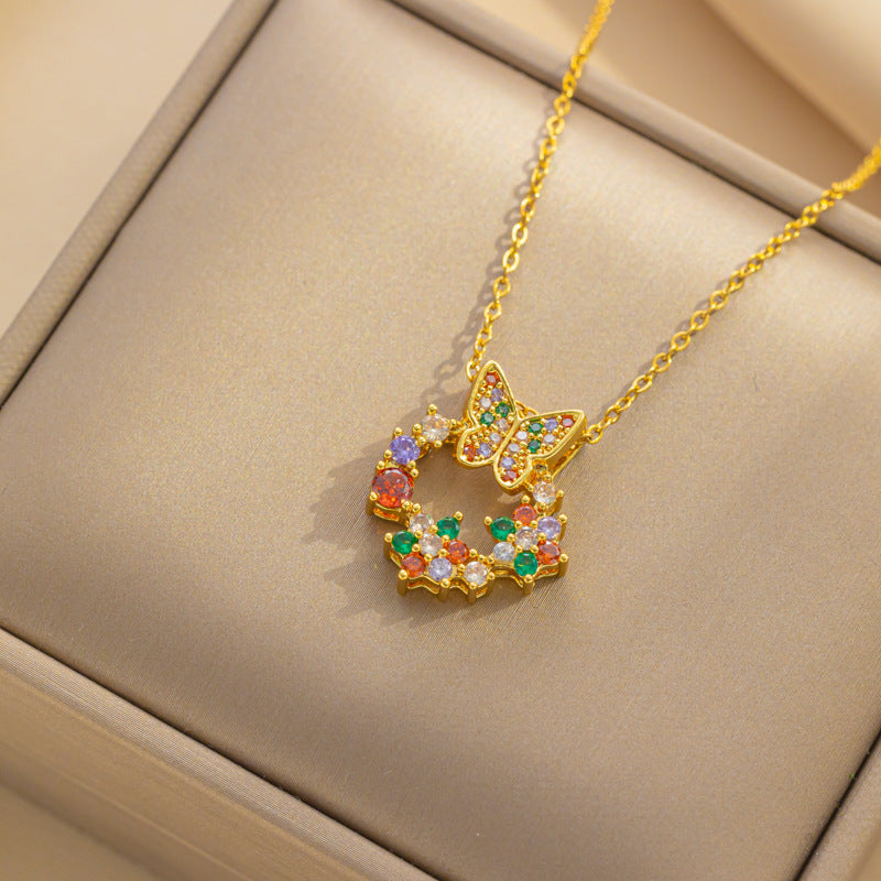 Minimalist Butterfly Bowknot Pendant Necklace in Titanium Steel with Rhinestone Inlay on O-Chain for Women