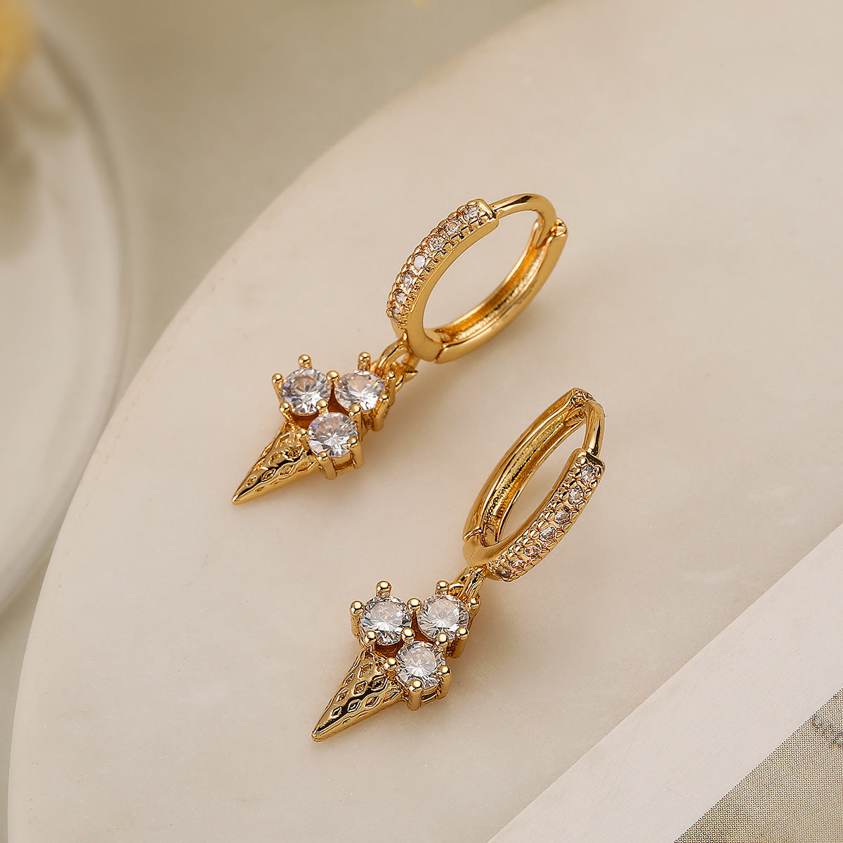 Minimalist Geometric Ice Cream Shaped Copper Earrings with Real Gold Plating and Zircon Accents for Women