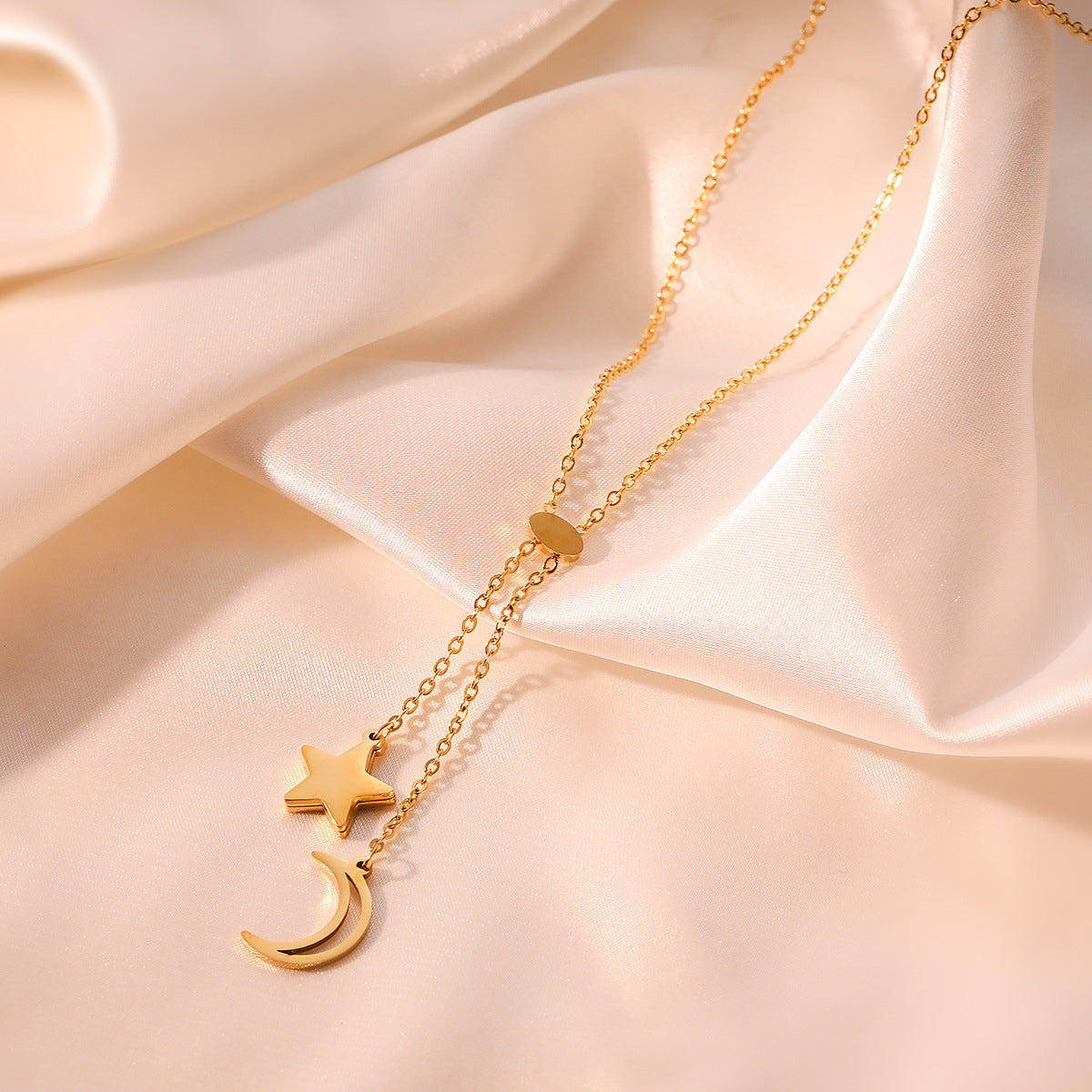 Minimalist Geometric Star and Moon Pendant Necklace for Women with Titanium Steel Chain and Genuine Gold Plating, Inlaid with Shell