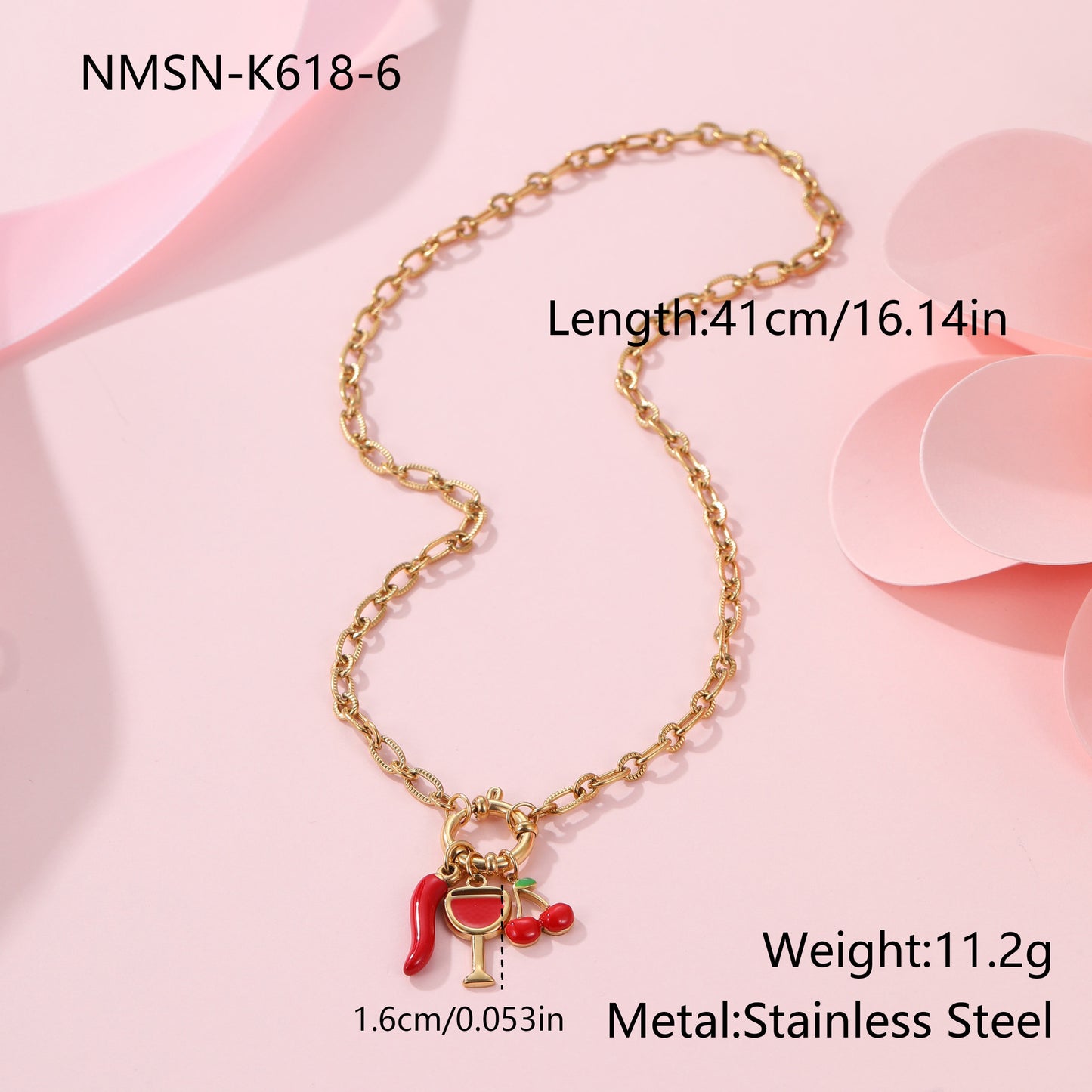 Elegant 18K Gold Plated Stainless Steel Cherry Fruit Charm Bar Necklace for Women
