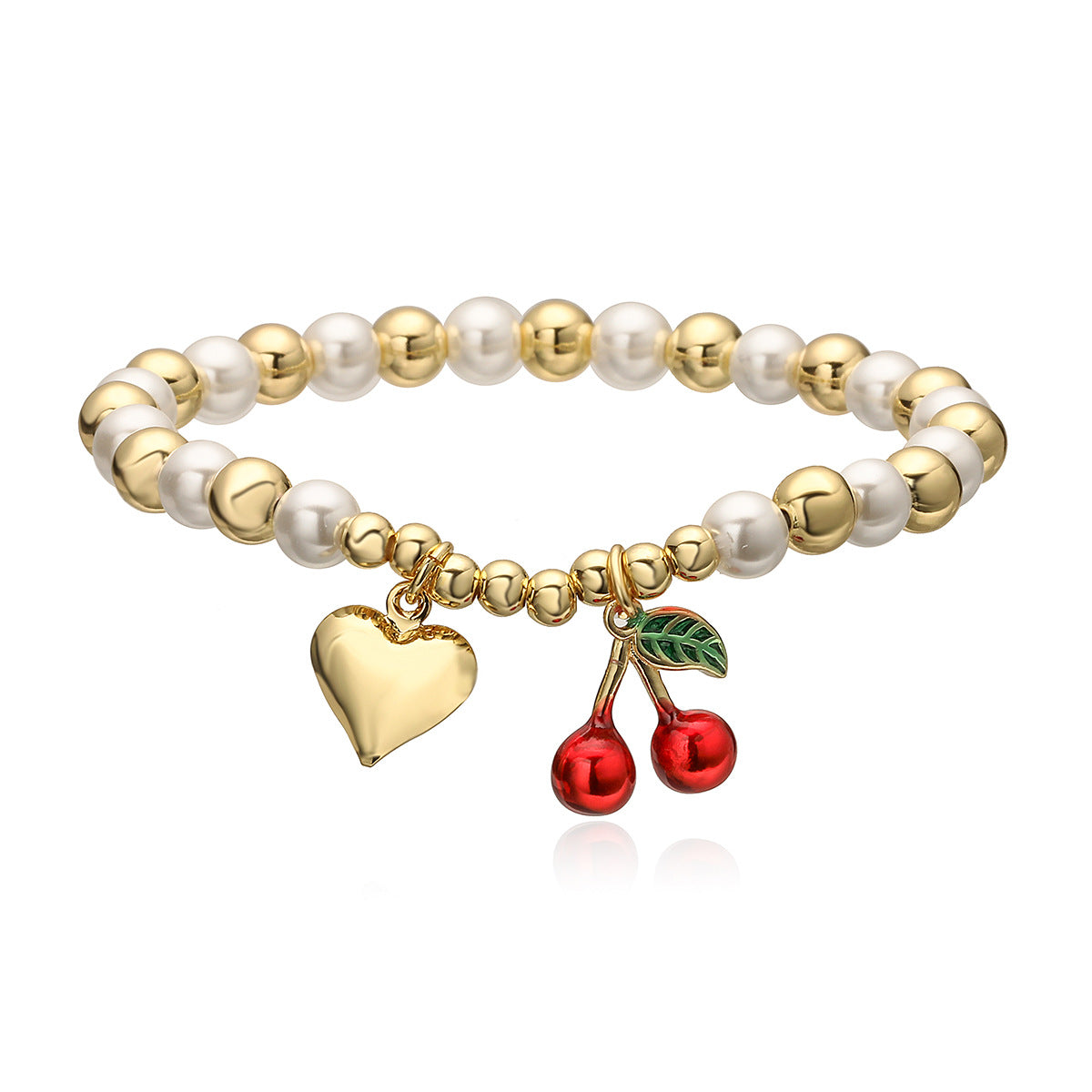Fashion-Commuter Cherry and Heart-Shaped Pearl Beaded Bracelet for Women with Gold Plating on Copper