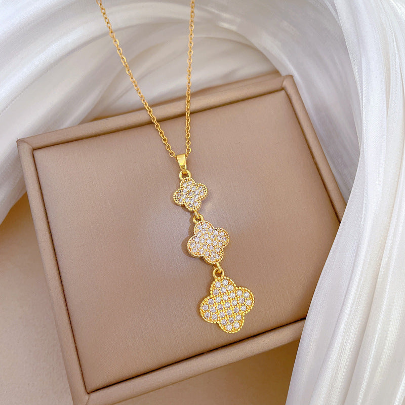 Collar Minimalista con Colgante de Trébol de Cuatro Hojas en Acero Inoxidable con Incrustaciones de Pedrería para Mujeres y Hombres