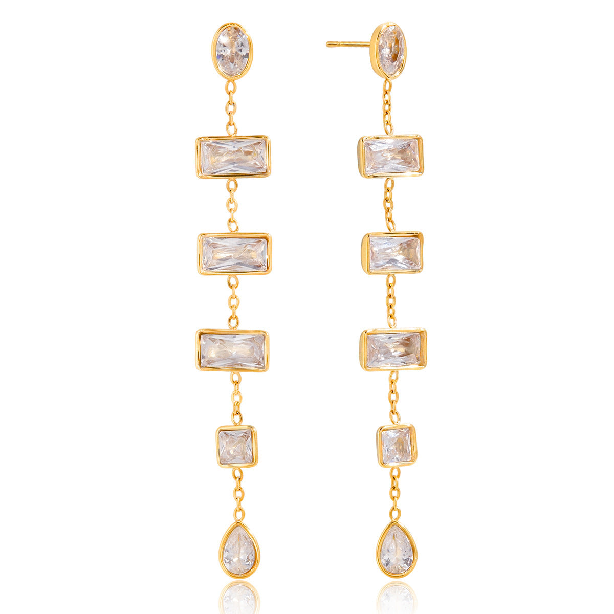 Orecchini di lusso con nappe dalla forma geometrica con accenti in acciaio al titanio e strass, borchie in acciaio inossidabile galvanizzato per donna