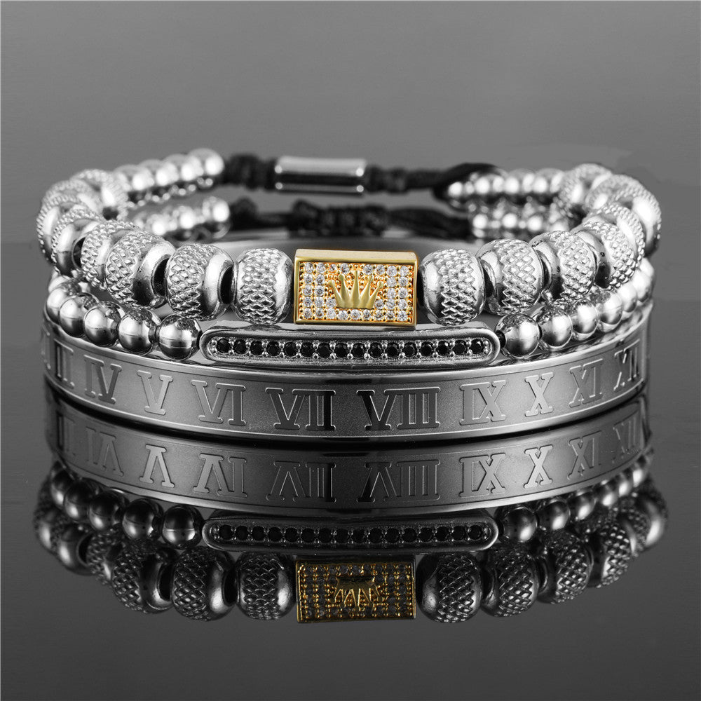 Vintage Punk Geometric Plated Titanium Steel Bracelet Set with Crown and Roman Letter Elements for Men and Women