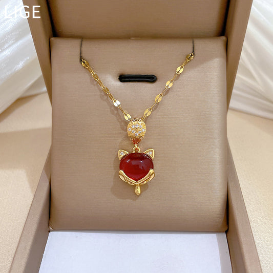 Sweet Red Gemstone Fox Pendant Full Rhinestone Titanium Steel Necklace Cable Chain