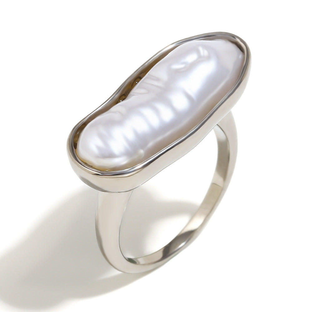 Anillo vintage geométrico de acero inoxidable con baño de oro de 18K y perla para mujer