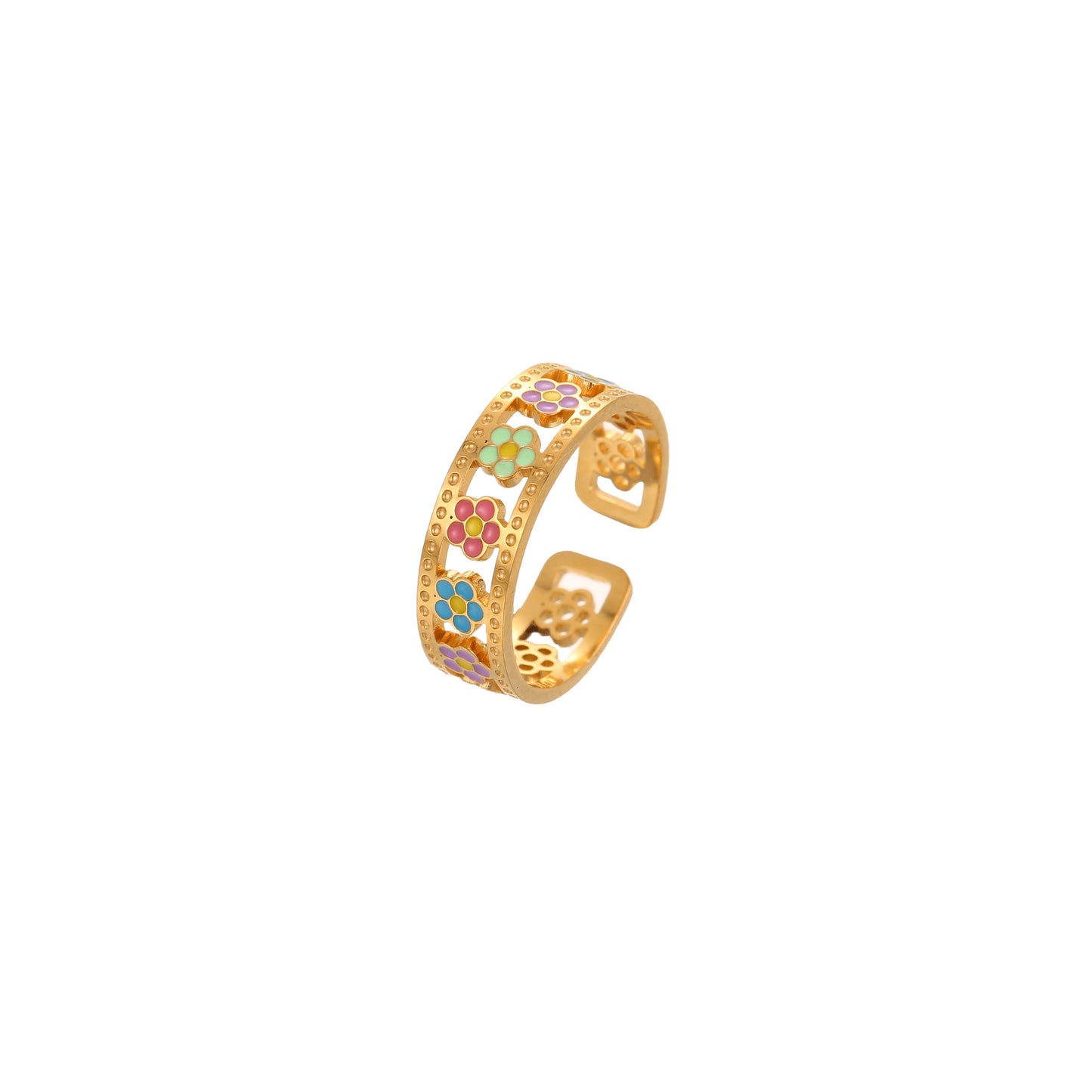 Anillo de Acero Inoxidable con Esmalte Floral Minimalista y Baño de Oro de 18K, Banda Abierta Ajustable para Mujer