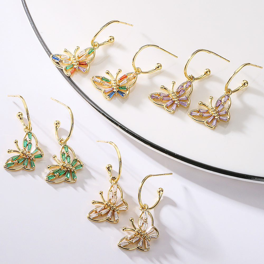 Eleganti Orecchini a Farfalla in Rame Stile Francese con Placcatura in Oro 18K e Intarsio di Zirconi da Donna