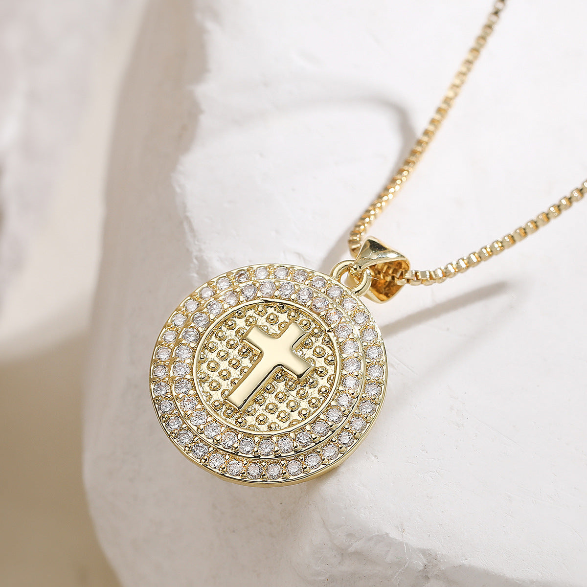 Minimalist 18K Gold Plated Brass Cross Heart Star Round Pendant Necklace with Cubic Zirconia