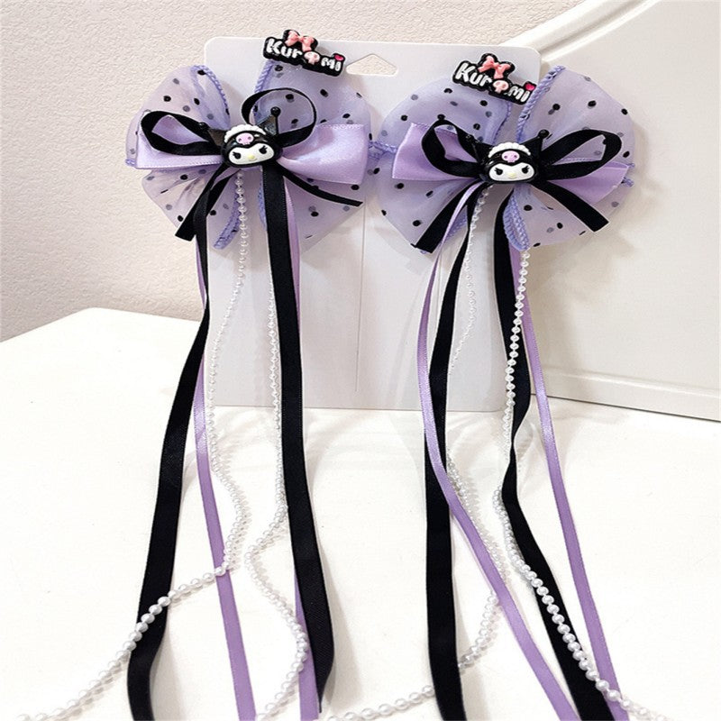 Handmade Chinese Traditional Hair Clip for Girls with Bow Shape Fabric Material and Flowing Tassels in Natural Style
