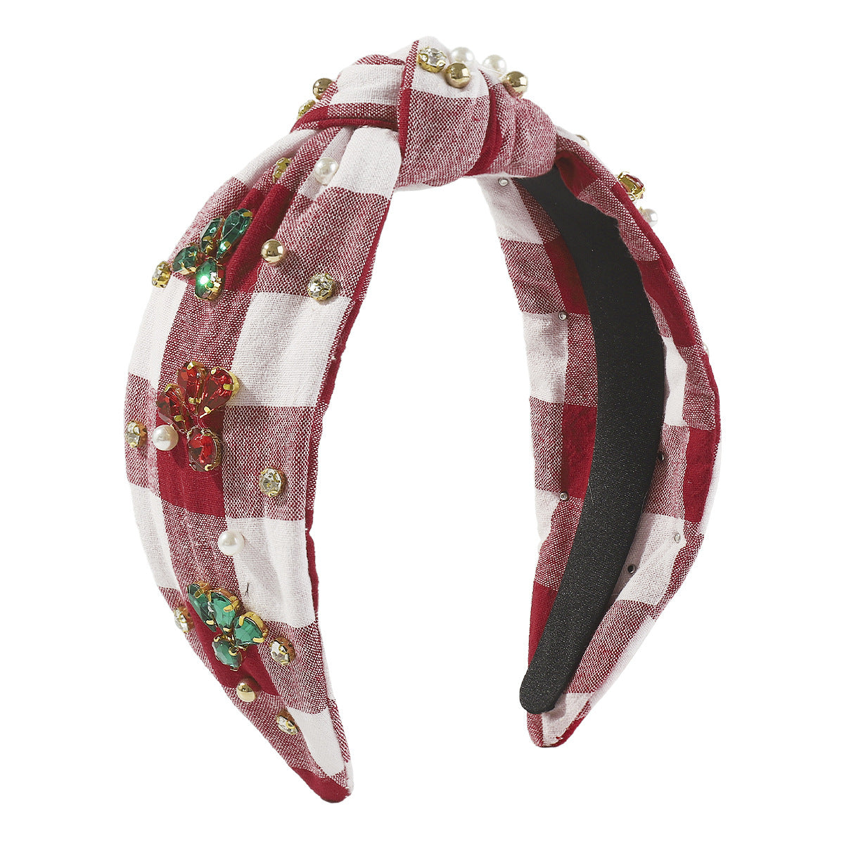 Diadema para mujer dulce y atrevida con diseño de cuadros y pedrería, base de tela y adorno.