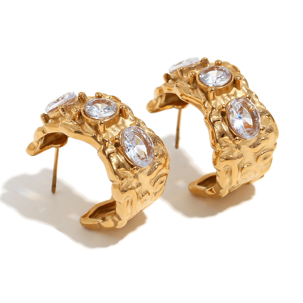 Fashionable Geometric Stainless Steel Plated 18K Gold Irregular Micro-Pave Cast Bracelet and Ring Set