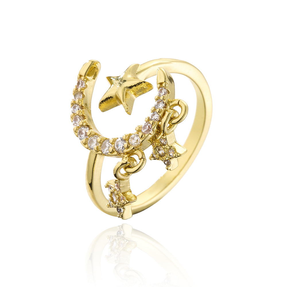 Anello aperto in stile europeo con stella e luna geometriche, placcato oro 18K su rame, zirconi micropavé, gioielli da donna