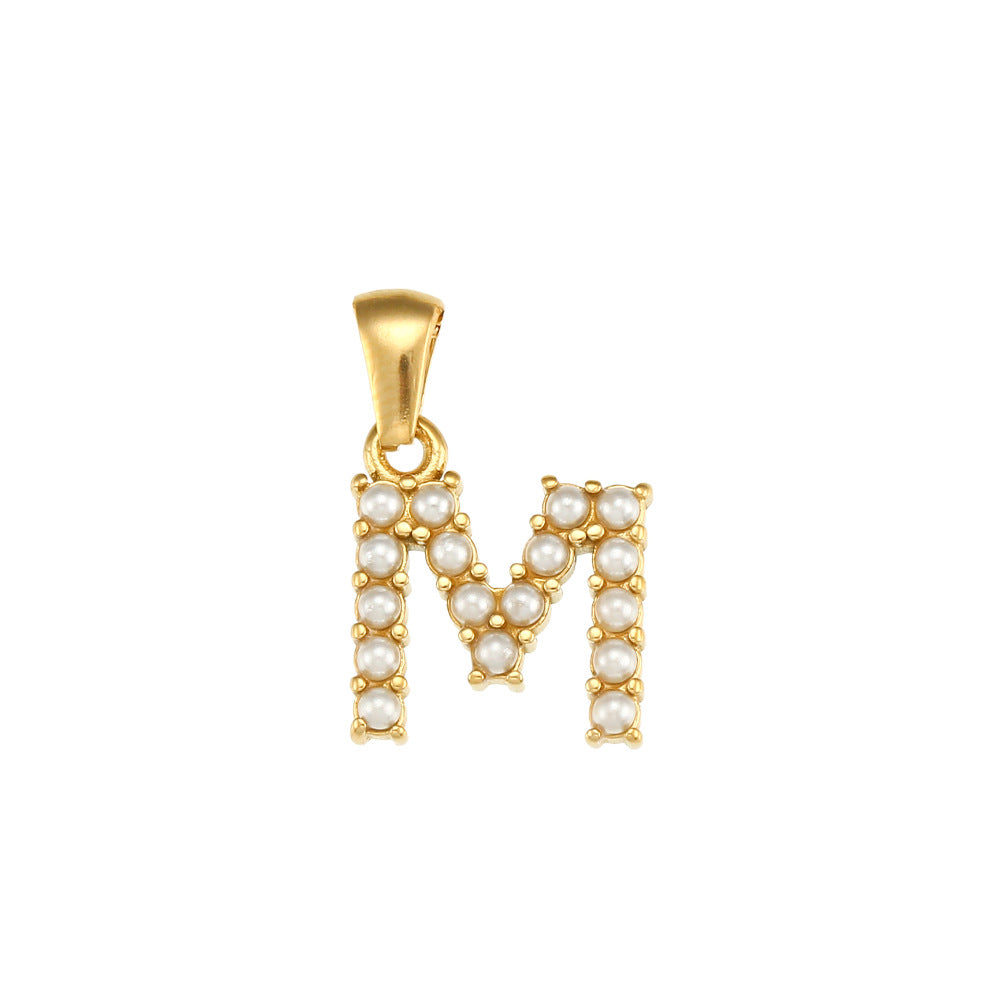 Minimalist Letter Pendant Necklace Stainless Steel with 18K Gold Plating Micro-Pave Zirconia and Pearl Accents