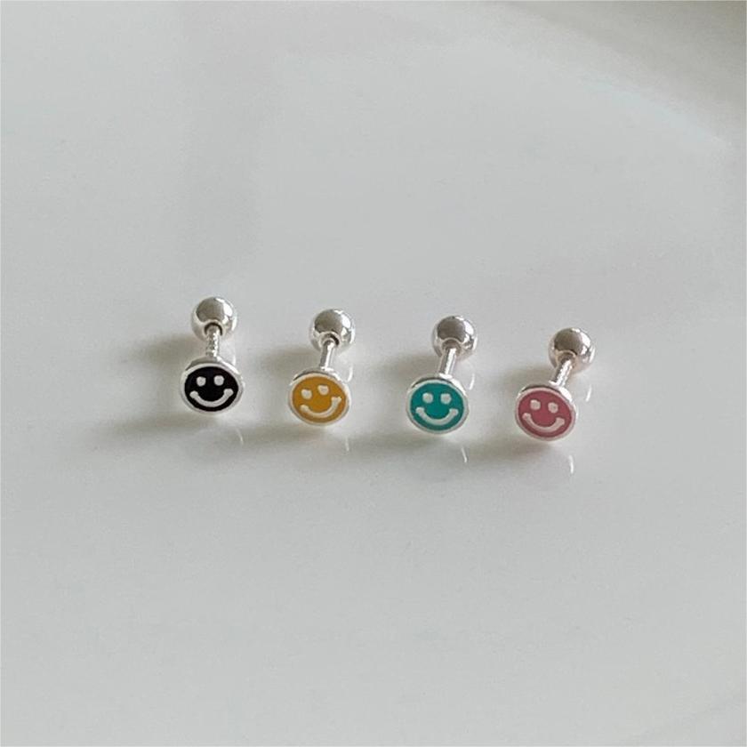 Pendientes de Plata de Ley 925 con Forma de Corazón Minimalista y Cara Sonriente Recubiertos de Resina para Mujer