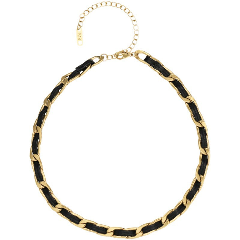 Collar trenzado de cordón de cuero de acero titanio en forma de U minimalista para mujer con cuentas doradas