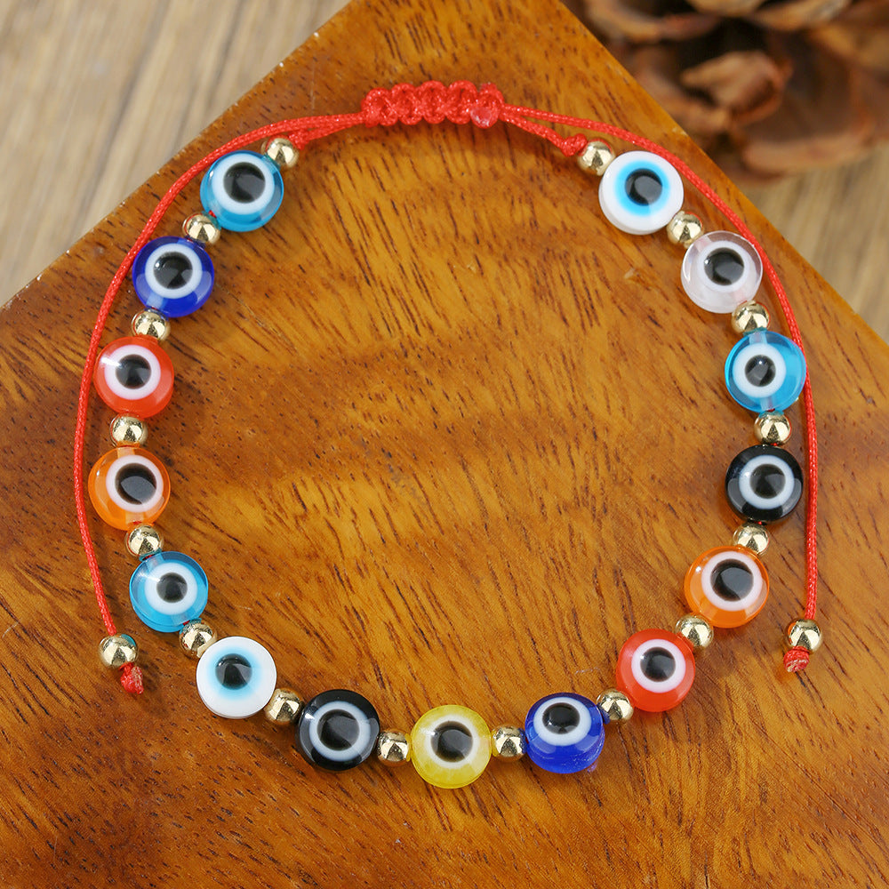 Fashion Geometric Glass Bead Handmade Bracelet with Red Cord and Gold Beads for Unisex