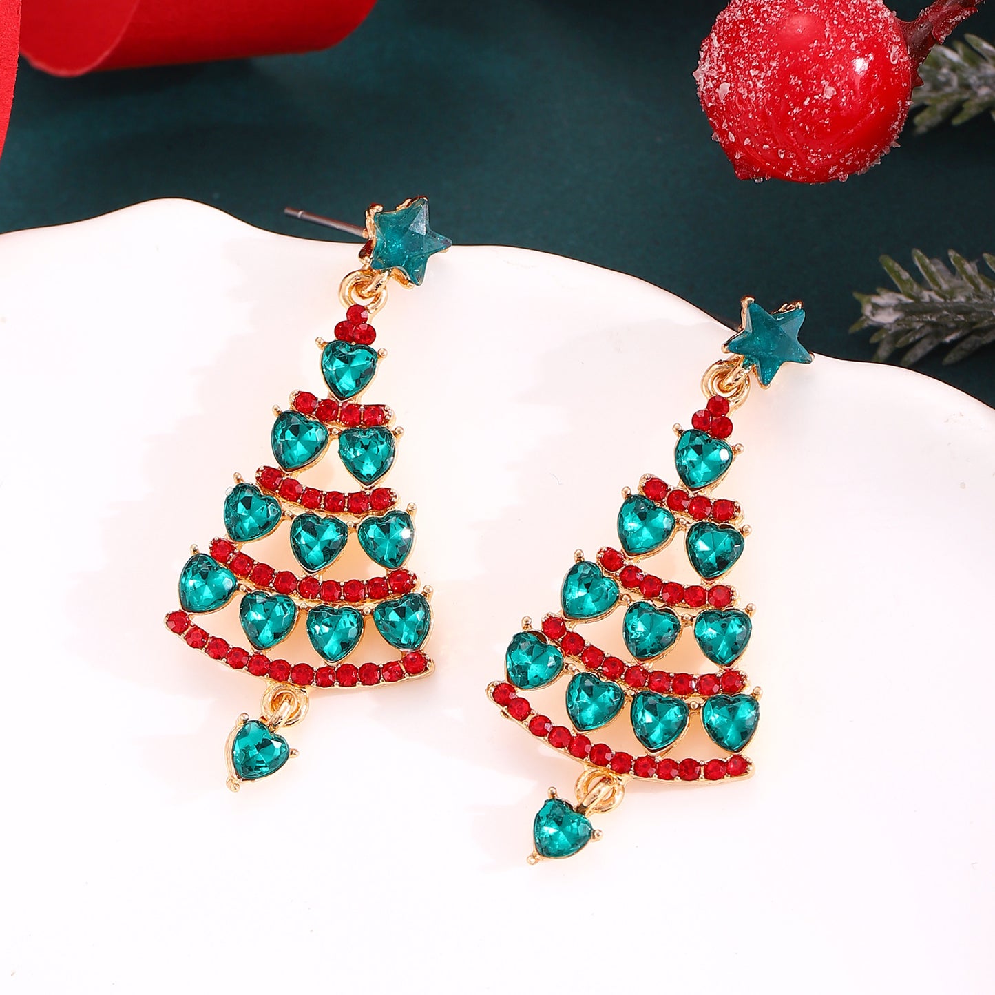 Pendientes de botón minimalistas de árbol de Navidad para mujer con incrustaciones de diamantes de imitación en aleación bañada en oro