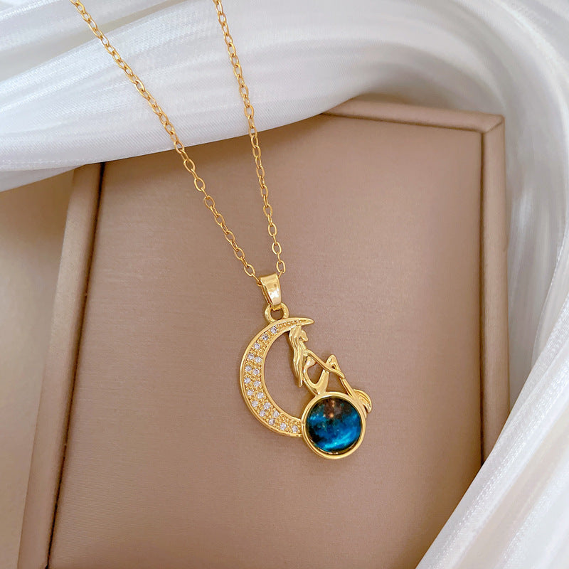 Collar minimalista con colgante de luna creciente y estrella de acero de titanio con circonitas cúbicas para mujer y hombre
